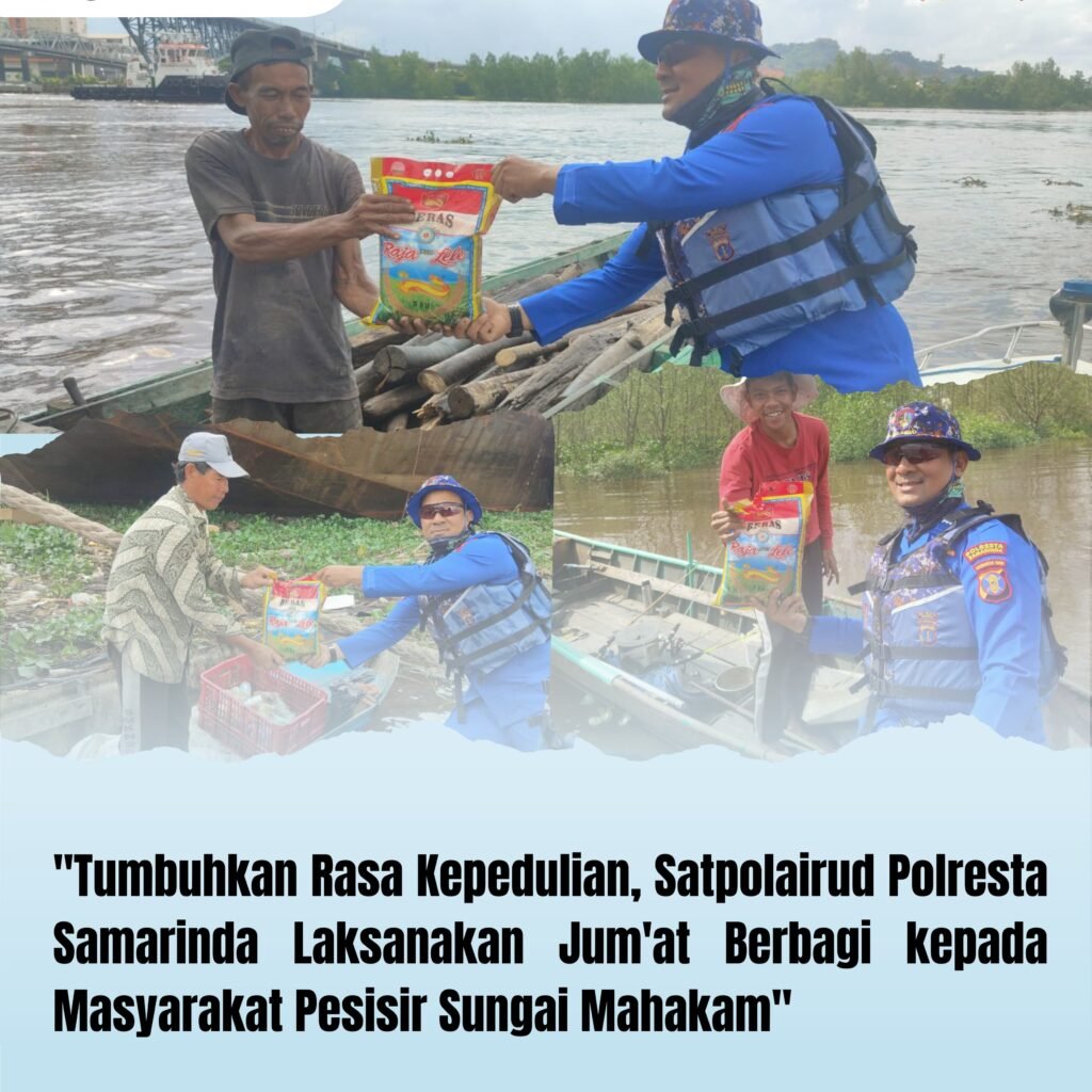 Tumbuhkan Rasa Kepedulian, Satpolairud Polresta Samarinda Gelar Jum’at Berbagi di Pesisir Sungai Mahakam